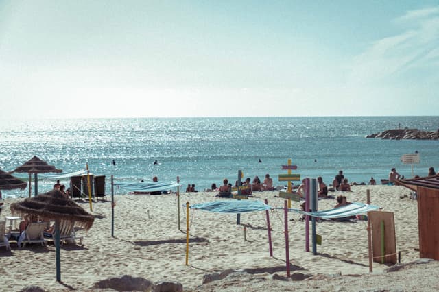 A beach scene with people relaxing on the sand and swimming in the sea, featuring umbrellas and a clear sky