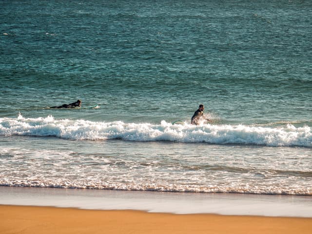 Two people surfing in the ocean near the shore, with gentle waves and a sandy beach in the foreground